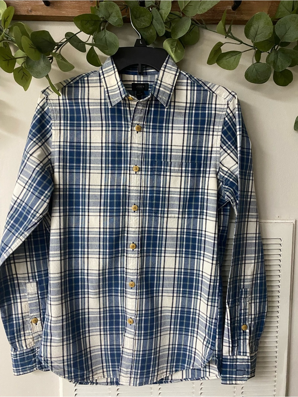 J. Crew Blue and White Plaid Cotton Button-Down Shirt